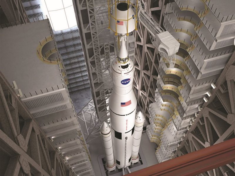  Интеграция ступеней ракеты SLS и установка корабля Orion в здании сборки носителей. Графика NASA 